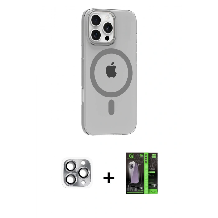 MARSİLYAN™- iPhone 16 Pro Max Kılıf Pusula Form Özel Seri - Şeffaf 360 Full Body Arka Koruyucu + Pers Alüminyum Kamera Lens - GI