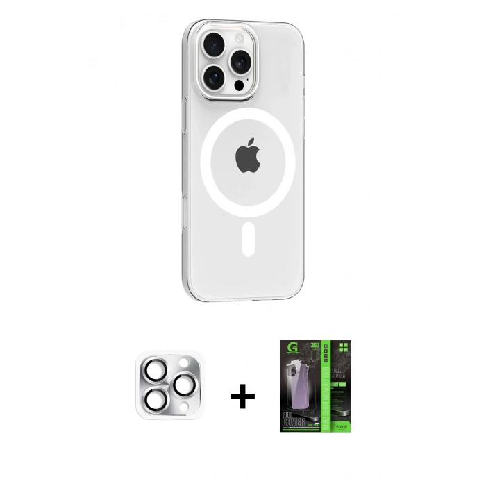 MARSİLYAN™- iPhone 16 Pro Max Kılıf Pusula Form Özel Seri - Şeffaf 360 Full Body Arka Koruyucu + Pers Alüminyum Kamera Lens - GS