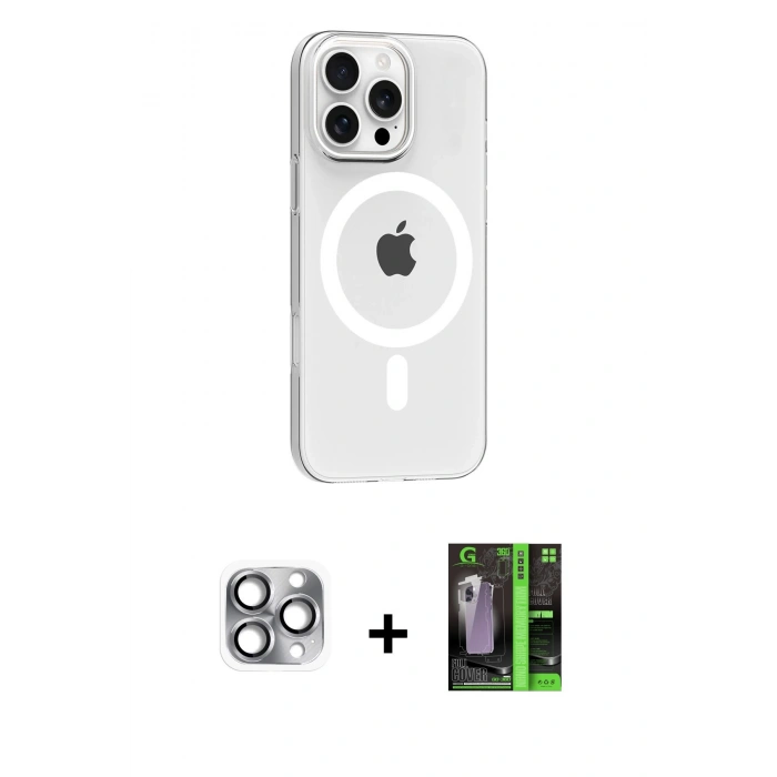 MARSİLYAN™- iPhone 16 Pro Max Kılıf Pusula Form Özel Seri - Şeffaf 360 Full Body Arka Koruyucu + Pers Alüminyum Kamera Lens - GI