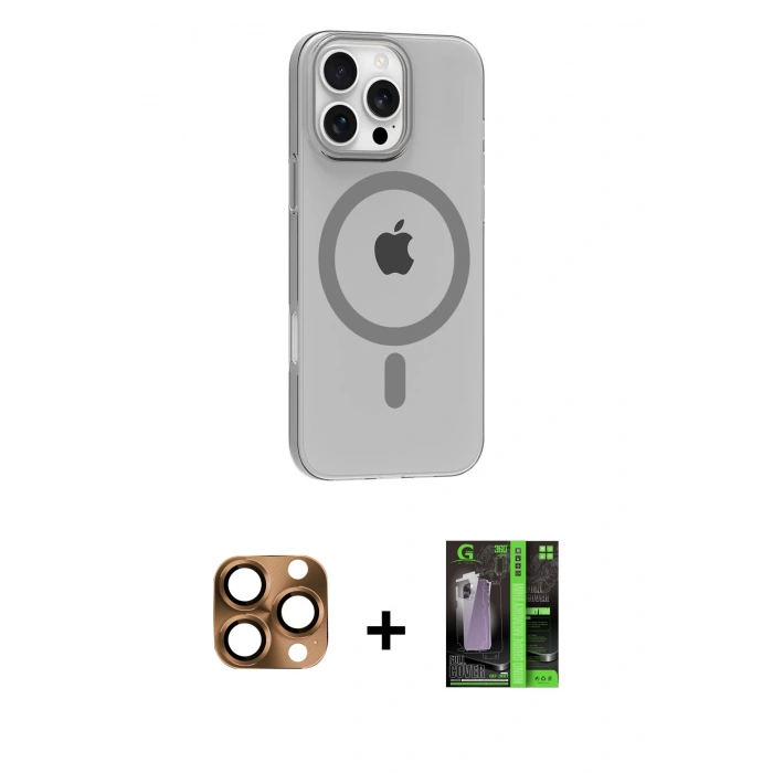 MARSİLYAN™- iPhone 16 Pro Max Kılıf Pusula Form Özel Seri - Şeffaf 360 Full Body Arka Koruyucu + Pers Alüminyum Kamera Lens - CLTM