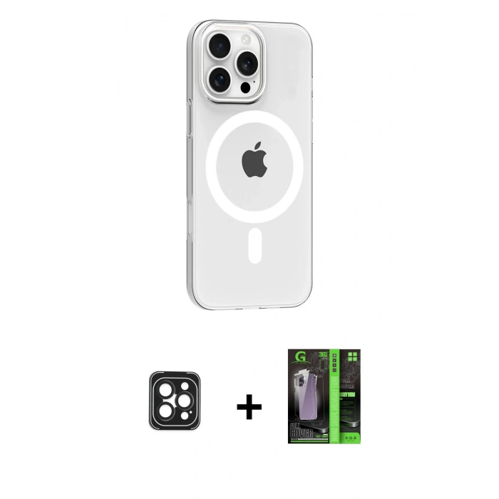 MARSİLYAN™- iPhone 16 Pro Max Kılıf Pusula Form Özel Seri - Şeffaf 360 Full Body Arka Koruyucu + PVD Metal Kamera Lens - SH