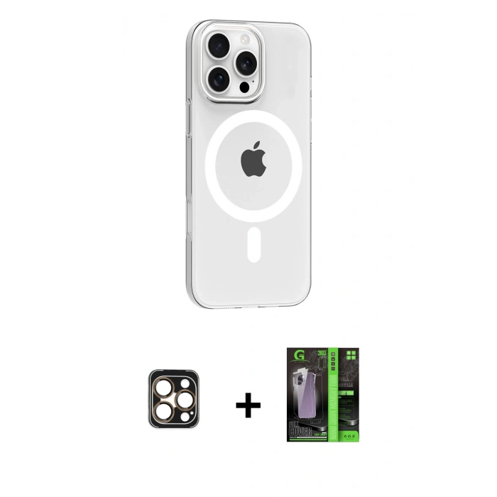 MARSİLYAN™- iPhone 16 Pro Max Kılıf Pusula Form Özel Seri - Şeffaf 360 Full Body Arka Koruyucu + PVD Metal Kamera Lens - GD