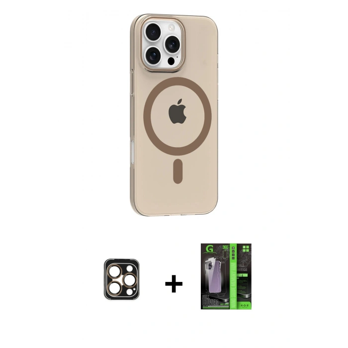 MARSİLYAN™- iPhone 16 Pro Max Kılıf Pusula Form Özel Seri - Şeffaf 360 Full Body Arka Koruyucu + PVD Metal Kamera Lens - GD