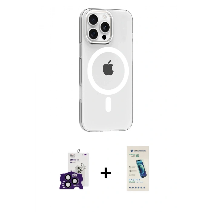 MARSİLYAN™- iPhone 16 Pro Max Kılıf Pusula Form Özel Seri - Şeffaf Pasifik Cam Ekran Koruyucu + Bilvis Titan Kamera Lens - SH