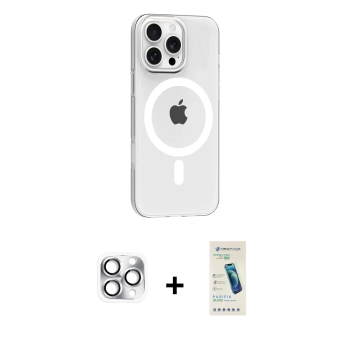 MARSİLYAN™- iPhone 16 Pro Max Kılıf Pusula Form Özel Seri - Şeffaf Pasifik Cam Ekran Koruyucu + Pers Alüminyum Kamera Lens - GS