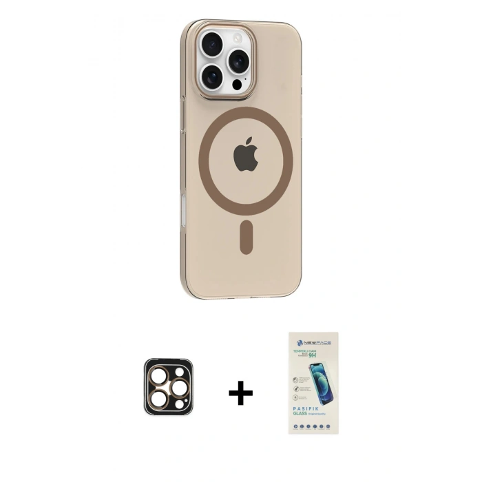 MARSİLYAN™- iPhone 16 Pro Max Kılıf Pusula Form Özel Seri - Şeffaf Pasifik Cam Ekran Koruyucu + PVD Metal Kamera Lens - GD