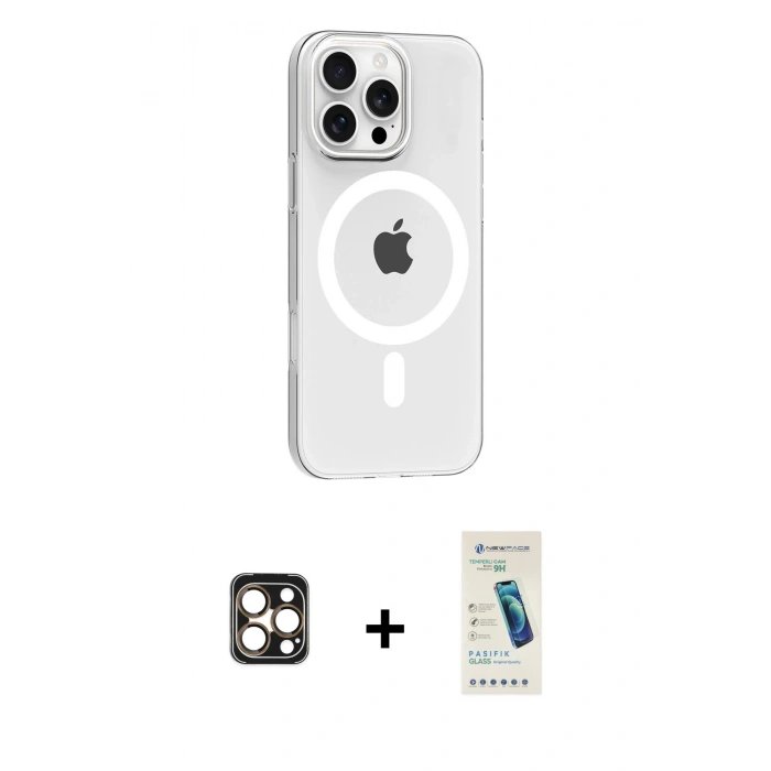 MARSİLYAN™- iPhone 16 Pro Max Kılıf Pusula Form Özel Seri - Şeffaf Pasifik Cam Ekran Koruyucu + PVD Metal Kamera Lens - GD