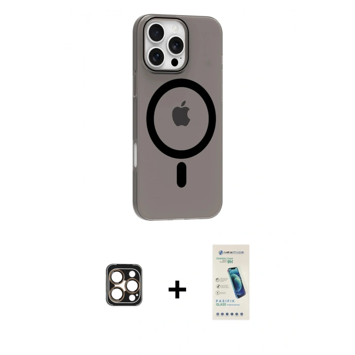 MARSİLYAN™- iPhone 16 Pro Max Kılıf Pusula Form Özel Seri - Şeffaf Pasifik Cam Ekran Koruyucu + PVD Metal Kamera Lens - GD