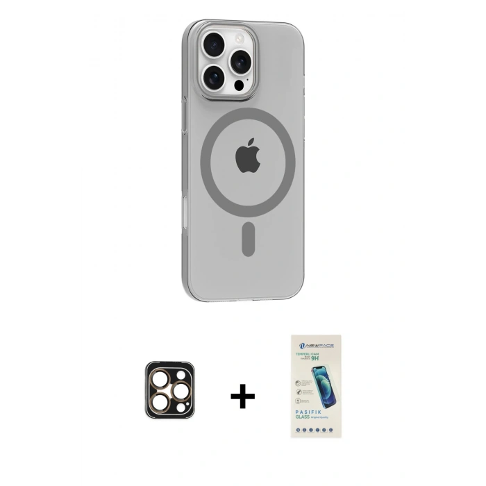 MARSİLYAN™- iPhone 16 Pro Max Kılıf Pusula Form Özel Seri - Şeffaf Pasifik Cam Ekran Koruyucu + PVD Metal Kamera Lens - GD