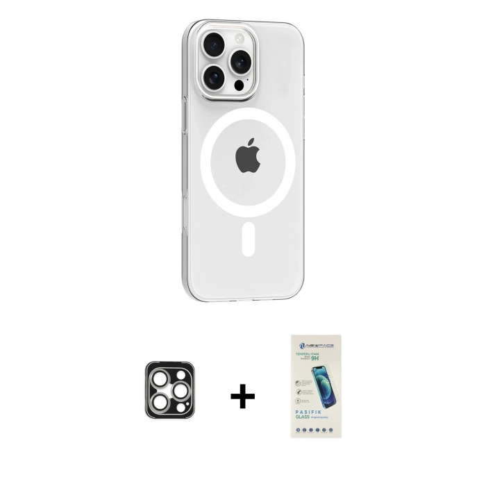 MARSİLYAN™- iPhone 16 Pro Max Kılıf Pusula Form Özel Seri - Şeffaf Pasifik Cam Ekran Koruyucu + PVD Metal Kamera Lens - GS
