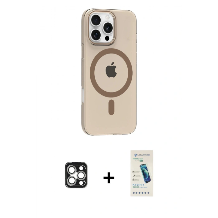 MARSİLYAN™- iPhone 16 Pro Max Kılıf Pusula Form Özel Seri - Şeffaf Pasifik Cam Ekran Koruyucu + PVD Metal Kamera Lens - GS