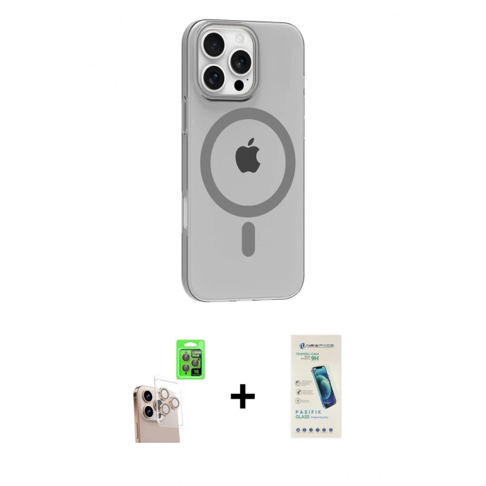 MARSİLYAN™- iPhone 16 Pro Max Kılıf Pusula Form Özel Seri - Şeffaf Pasifik Cam Ekran Koruyucu + Raze Metal Kamera Lens - NLGY