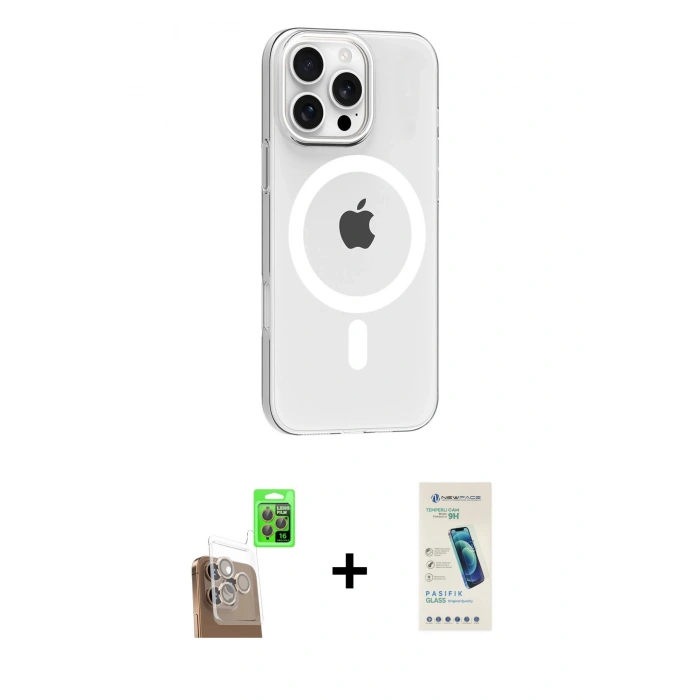MARSİLYAN™- iPhone 16 Pro Max Kılıf Pusula Form Özel Seri - Şeffaf Pasifik Cam Ekran Koruyucu + Raze Metal Kamera Lens - CLTM