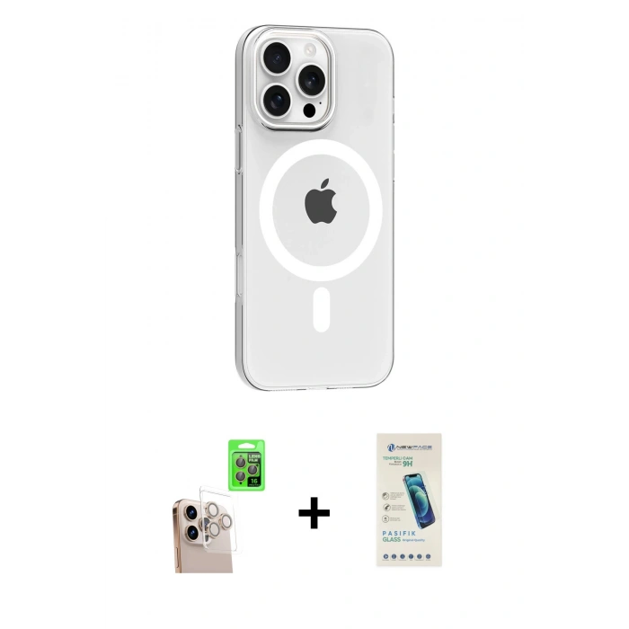 MARSİLYAN™- iPhone 16 Pro Max Kılıf Pusula Form Özel Seri - Şeffaf Pasifik Cam Ekran Koruyucu + Raze Metal Kamera Lens - NLGY