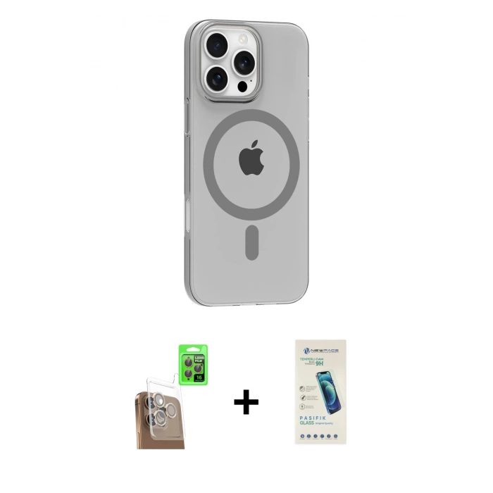 MARSİLYAN™- iPhone 16 Pro Max Kılıf Pusula Form Özel Seri - Şeffaf Pasifik Cam Ekran Koruyucu + Raze Metal Kamera Lens - CLTM