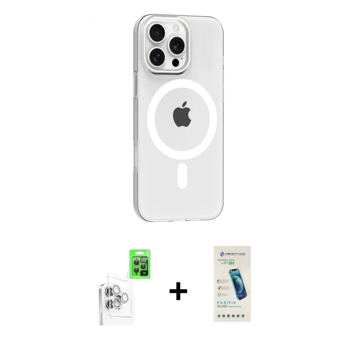 MARSİLYAN™- iPhone 16 Pro Max Kılıf Pusula Form Özel Seri - Şeffaf Pasifik Cam Ekran Koruyucu + Raze Metal Kamera Lens - BZ