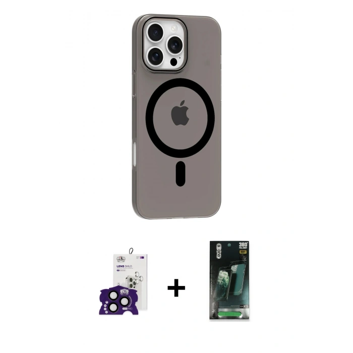 MARSİLYAN™- iPhone 16 Pro Max Kılıf Pusula Form Özel Seri - Siyah 360 Mat Full Body Arka Koruyucu + Bilvis Titan Kamera Lens - SH