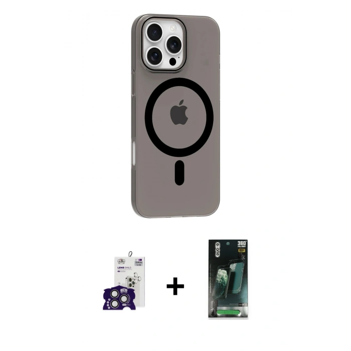 MARSİLYAN™- iPhone 16 Pro Max Kılıf Pusula Form Özel Seri - Siyah 360 Mat Full Body Arka Koruyucu + Bilvis Titan Kamera Lens - TMGI