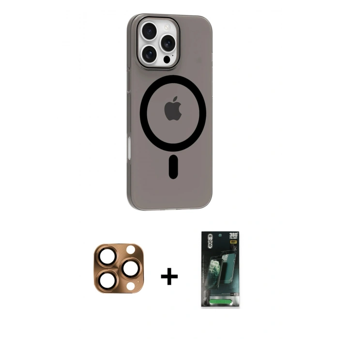 MARSİLYAN™- iPhone 16 Pro Max Kılıf Pusula Form Özel Seri - Siyah 360 Mat Full Body Arka Koruyucu + Pers Alüminyum Kamera Lens - CLTM