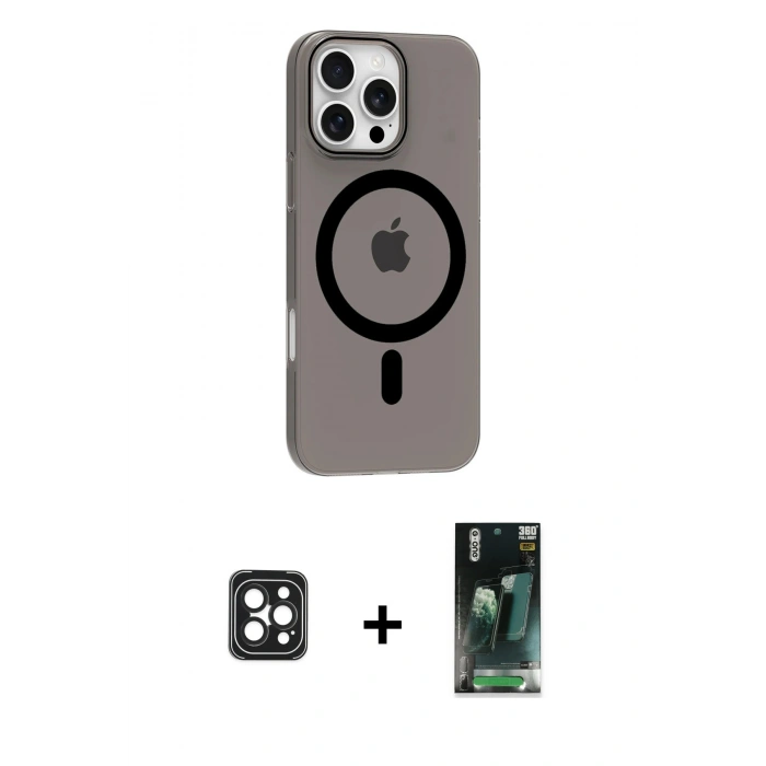 MARSİLYAN™- iPhone 16 Pro Max Kılıf Pusula Form Özel Seri - Siyah 360 Mat Full Body Arka Koruyucu + PVD Metal Kamera Lens - SH