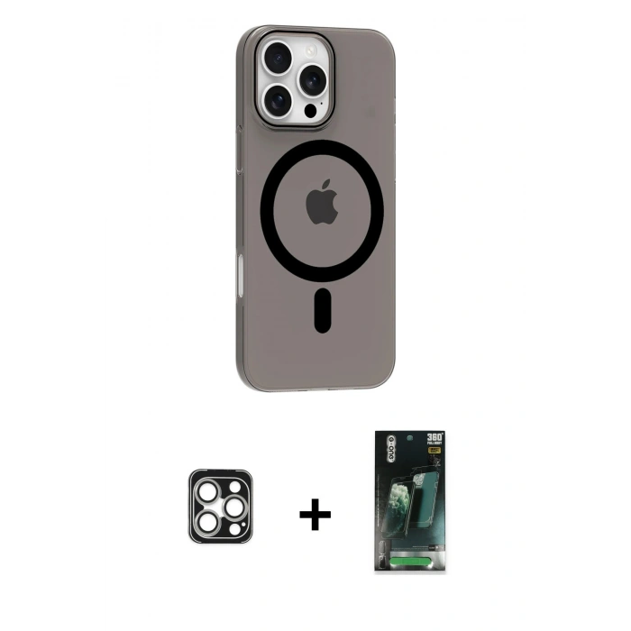MARSİLYAN™- iPhone 16 Pro Max Kılıf Pusula Form Özel Seri - Siyah 360 Mat Full Body Arka Koruyucu + PVD Metal Kamera Lens - GS
