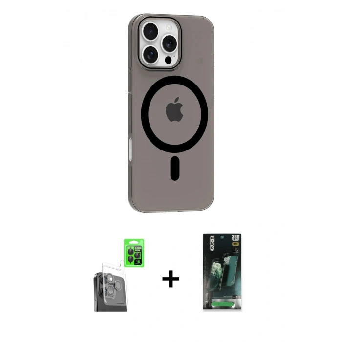 MARSİLYAN™- iPhone 16 Pro Max Kılıf Pusula Form Özel Seri - Siyah 360 Mat Full Body Arka Koruyucu + Raze Metal Kamera Lens - SH