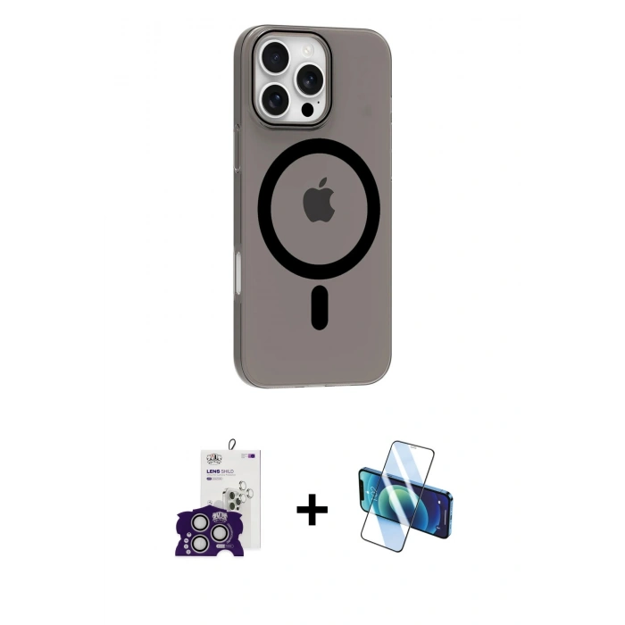 MARSİLYAN™- iPhone 16 Pro Max Kılıf Pusula Form Özel Seri - Siyah 3D Antistatik Cam Ekran Koruyucu + Bilvis Titan Kamera Lens - GS