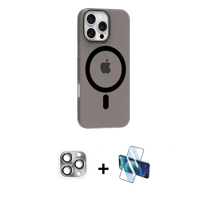 MARSİLYAN™- iPhone 16 Pro Max Kılıf Pusula Form Özel Seri - Siyah 3D Antistatik Cam Ekran Koruyucu + Pers Alüminyum Kamera Lens - GI