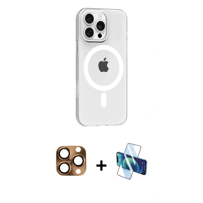 MARSİLYAN™- iPhone 16 Pro Max Kılıf Pusula Form Özel Seri - Siyah 3D Antistatik Cam Ekran Koruyucu + Pers Alüminyum Kamera Lens - CLTM