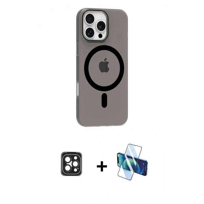 MARSİLYAN™- iPhone 16 Pro Max Kılıf Pusula Form Özel Seri - Siyah 3D Antistatik Cam Ekran Koruyucu + PVD Metal Kamera Lens - SH