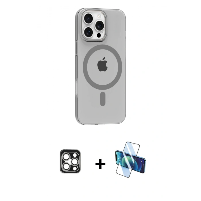 MARSİLYAN™- iPhone 16 Pro Max Kılıf Pusula Form Özel Seri - Siyah 3D Antistatik Cam Ekran Koruyucu + PVD Metal Kamera Lens - GS
