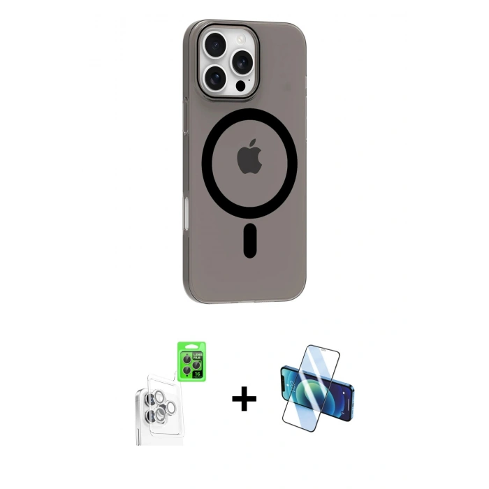 MARSİLYAN™- iPhone 16 Pro Max Kılıf Pusula Form Özel Seri - Siyah 3D Antistatik Cam Ekran Koruyucu + Raze Metal Kamera Lens - BZ