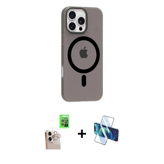 MARSİLYAN™- iPhone 16 Pro Max Kılıf Pusula Form Özel Seri - Siyah 3D Antistatik Cam Ekran Koruyucu + Raze Metal Kamera Lens - NLGY