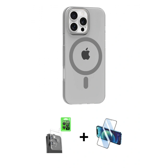 MARSİLYAN™- iPhone 16 Pro Max Kılıf Pusula Form Özel Seri - Siyah 3D Antistatik Cam Ekran Koruyucu + Raze Metal Kamera Lens - SH