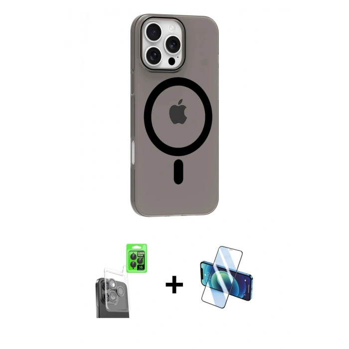 MARSİLYAN™- iPhone 16 Pro Max Kılıf Pusula Form Özel Seri - Siyah 3D Antistatik Cam Ekran Koruyucu + Raze Metal Kamera Lens - SH