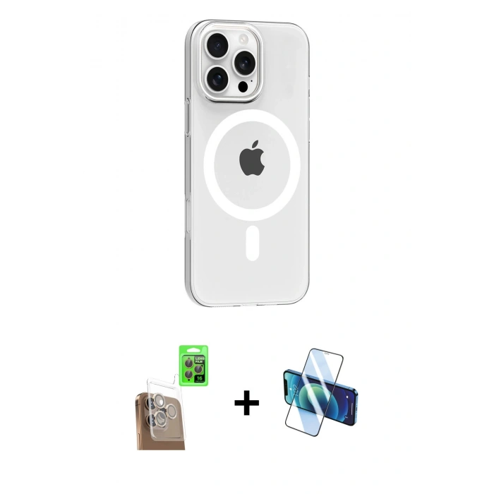 MARSİLYAN™- iPhone 16 Pro Max Kılıf Pusula Form Özel Seri - Siyah 3D Antistatik Cam Ekran Koruyucu + Raze Metal Kamera Lens - CLTM