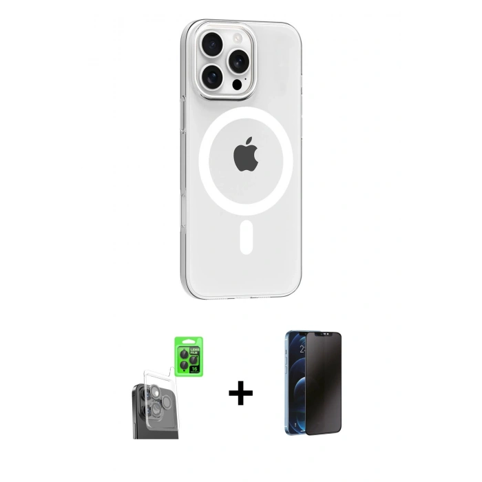 MARSİLYAN™- iPhone 16 Pro Max Kılıf Pusula Form Özel Seri - Siyah 3D Antistatik Hayalet Cam Ekran Koruyucu + Raze Metal Kamera Lens - SH