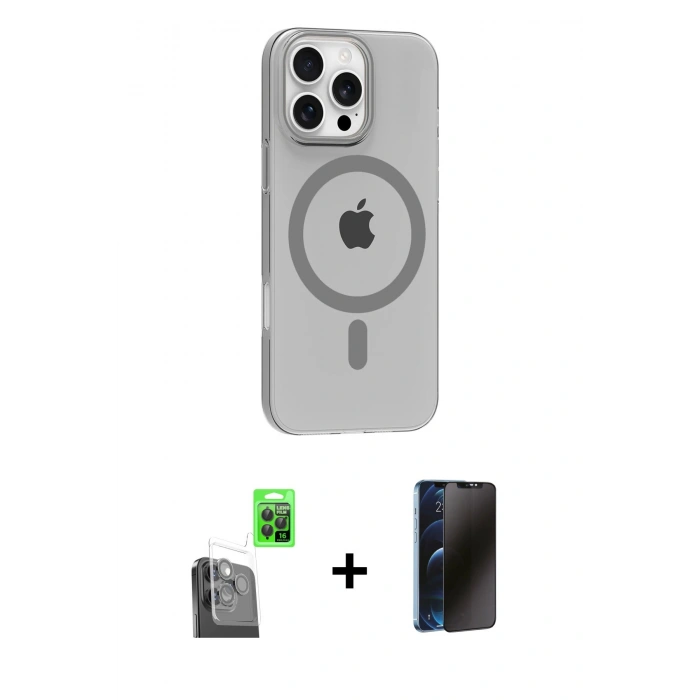 MARSİLYAN™- iPhone 16 Pro Max Kılıf Pusula Form Özel Seri - Siyah 3D Antistatik Hayalet Cam Ekran Koruyucu + Raze Metal Kamera Lens - SH