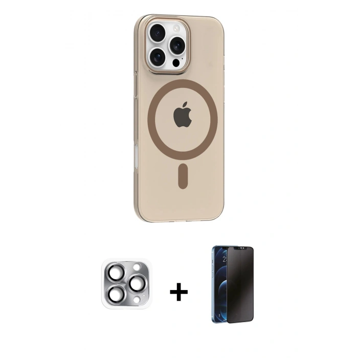 MARSİLYAN™- iPhone 16 Pro Max Kılıf Pusula Form Özel Seri - Siyah 3D Antistatik Hayalet Cam Ekran Koruyucu + Pers Alüminyum Kamera Lens - GI