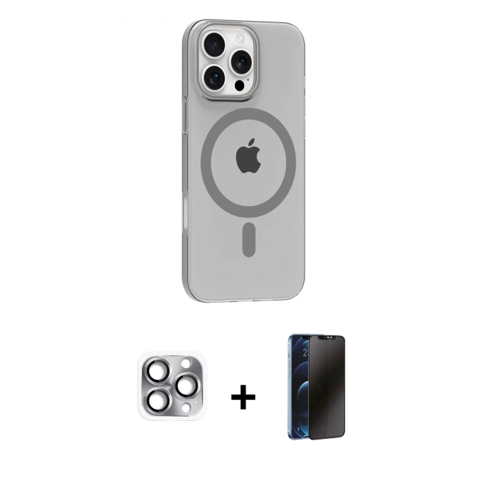 MARSİLYAN™- iPhone 16 Pro Max Kılıf Pusula Form Özel Seri - Siyah 3D Antistatik Hayalet Cam Ekran Koruyucu + Pers Alüminyum Kamera Lens - GI