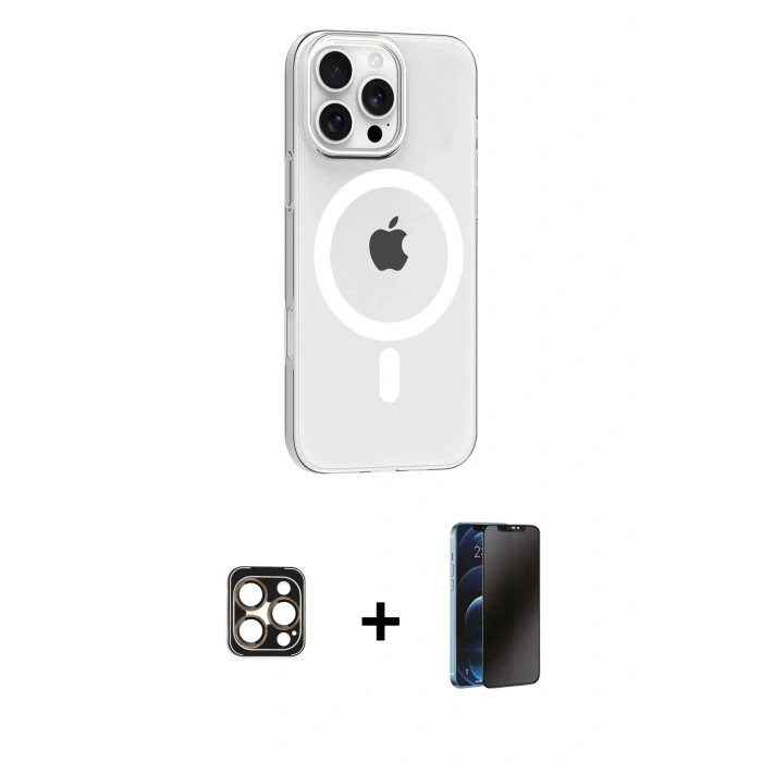 MARSİLYAN™- iPhone 16 Pro Max Kılıf Pusula Form Özel Seri - Siyah 3D Antistatik Hayalet Cam Ekran Koruyucu + PVD Metal Kamera Lens - GD