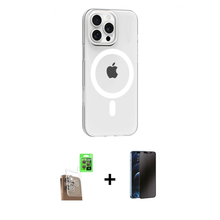 MARSİLYAN™- iPhone 16 Pro Max Kılıf Pusula Form Özel Seri - Siyah 3D Antistatik Hayalet Cam Ekran Koruyucu + Raze Metal Kamera Lens - CLTM