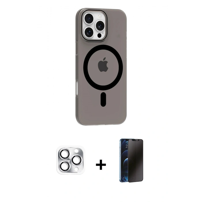 MARSİLYAN™- iPhone 16 Pro Max Kılıf Pusula Form Özel Seri - Siyah 3D Antistatik Hayalet Cam Ekran Koruyucu + Pers Alüminyum Kamera Lens - GS