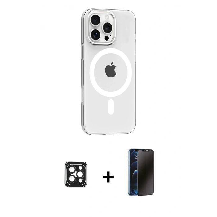MARSİLYAN™- iPhone 16 Pro Max Kılıf Pusula Form Özel Seri - Siyah 3D Antistatik Hayalet Cam Ekran Koruyucu + PVD Metal Kamera Lens - SH