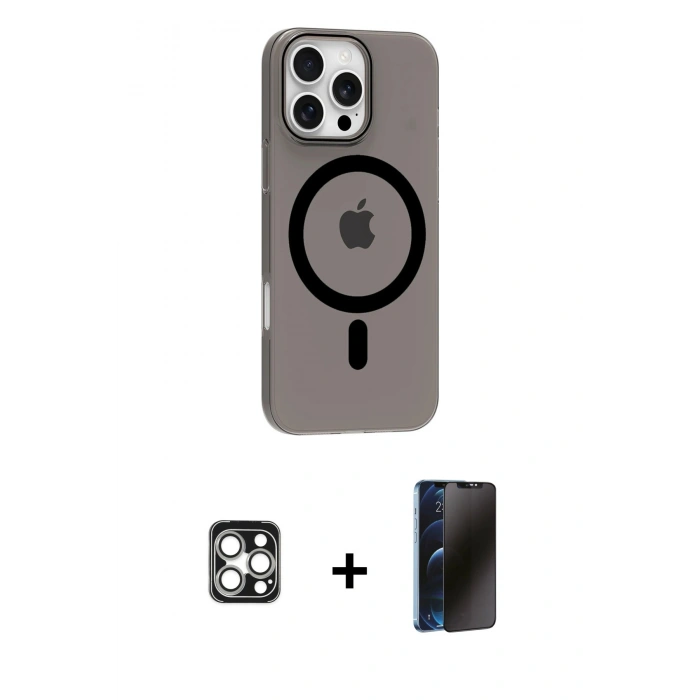 MARSİLYAN™- iPhone 16 Pro Max Kılıf Pusula Form Özel Seri - Siyah 3D Antistatik Hayalet Cam Ekran Koruyucu + PVD Metal Kamera Lens - GS