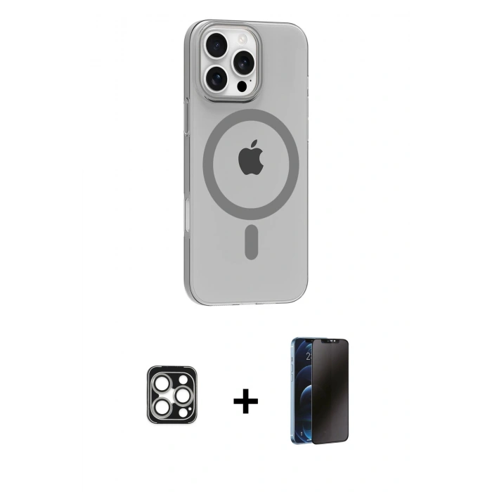 MARSİLYAN™- iPhone 16 Pro Max Kılıf Pusula Form Özel Seri - Siyah 3D Antistatik Hayalet Cam Ekran Koruyucu + PVD Metal Kamera Lens - GS
