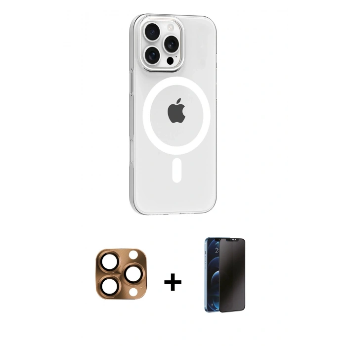 MARSİLYAN™- iPhone 16 Pro Max Kılıf Pusula Form Özel Seri - Siyah 3D Antistatik Hayalet Cam Ekran Koruyucu + Pers Alüminyum Kamera Lens - CLTM