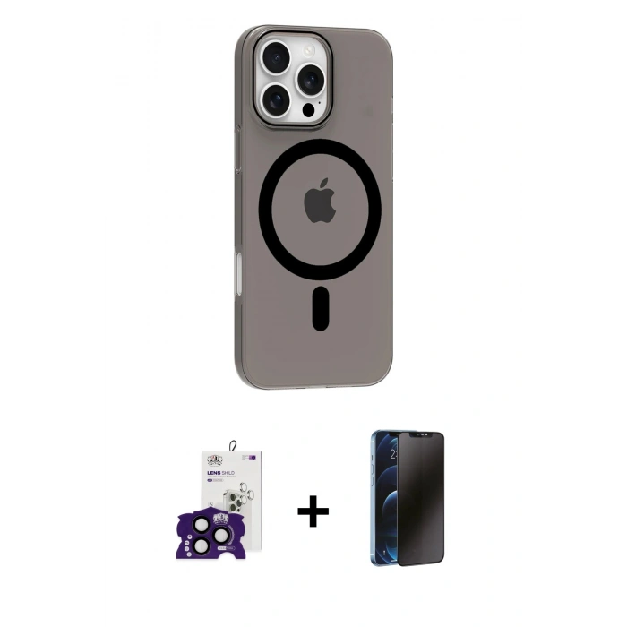 MARSİLYAN™- iPhone 16 Pro Max Kılıf Pusula Form Özel Seri - Siyah 3D Antistatik Hayalet Cam Ekran Koruyucu + Bilvis Titan Kamera Lens - SH