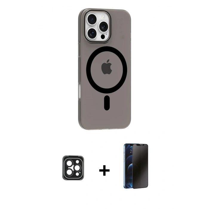 MARSİLYAN™- iPhone 16 Pro Max Kılıf Pusula Form Özel Seri - Siyah 3D Antistatik Hayalet Cam Ekran Koruyucu + PVD Metal Kamera Lens - SH
