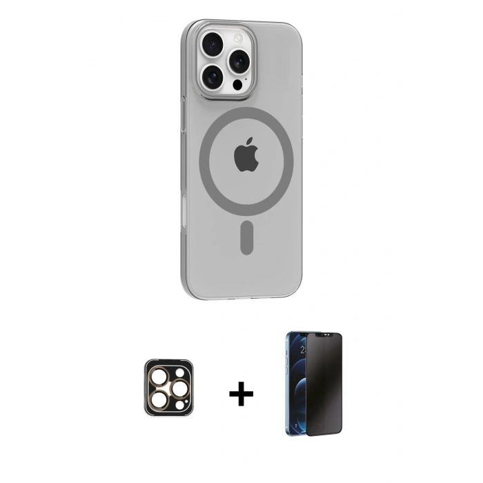 MARSİLYAN™- iPhone 16 Pro Max Kılıf Pusula Form Özel Seri - Siyah 3D Antistatik Hayalet Cam Ekran Koruyucu + PVD Metal Kamera Lens - GD
